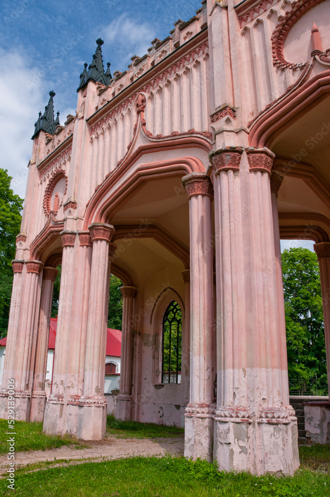 Fototapeta premium Ruins of neo-gothic Pac`s Palace in Dowspuda, settlement in Podlaskie voivodeship. Poland. The construction work began in 1820.