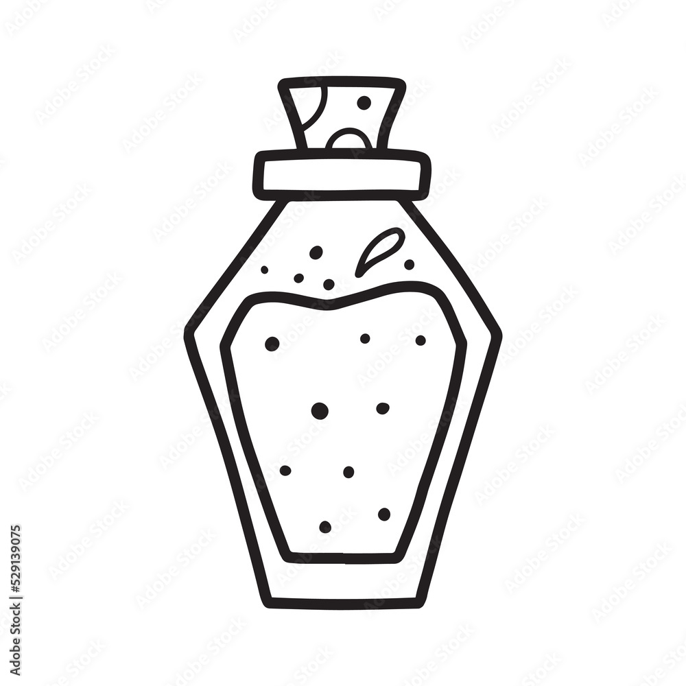 A jar of potion or poison. Magic potion. Vector illustration. Drawn style. Doodle style. A jar of potion or poison. Magic potion. Vector illustration. Drawn style. Doodle style.