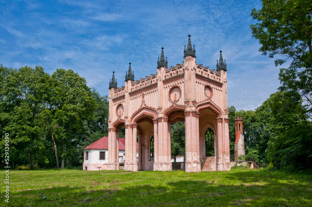 Ruins of neo-gothic Pac`s Palace in Dowspuda, settlement in Podlaskie voivodeship. Poland. The construction work began in 1820.