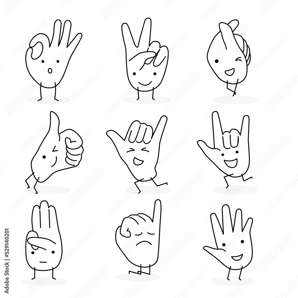 Fototapeta premium Cute hand charactors, different emotion. Outline cartoon style on black and wite color.