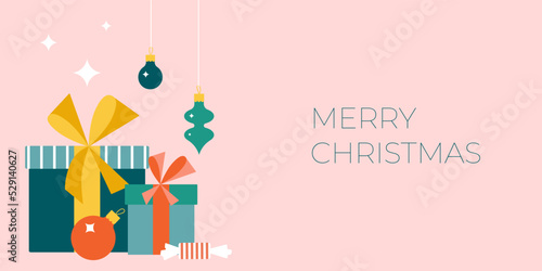 Christmas giftbox banner on a pink background. Flat modern cute gifts, baubles and sparkles. Perfect for New Year letter, invitation, flyer template.