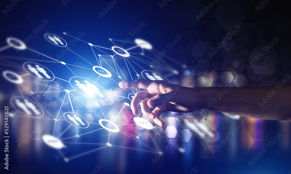 Creating modern wireless technologies as means of communucation and networking on dark background Creating modern wireless technologies as means of communucation and networking on dark background