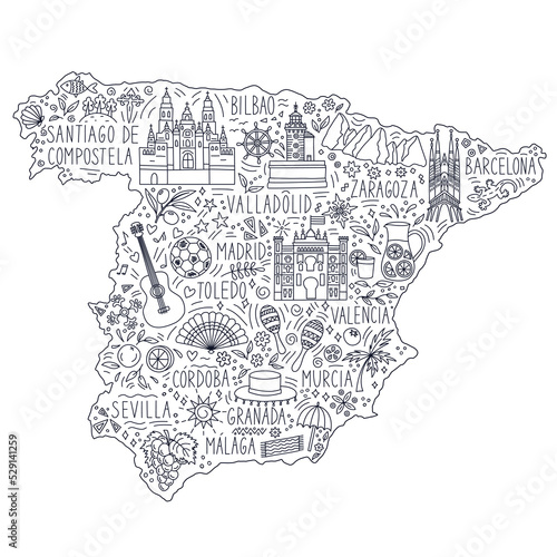 Stylized doodle illustrated map of Spain. Landmarks, attractions and cities. Travel concept. Monochrome vector illustration.