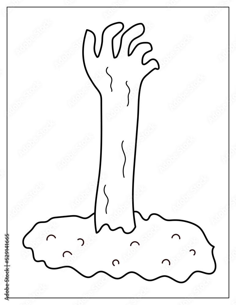Halloween coloring page with a zombie hand coming out of the tomb. Creepy print for coloring book. Vector illustration