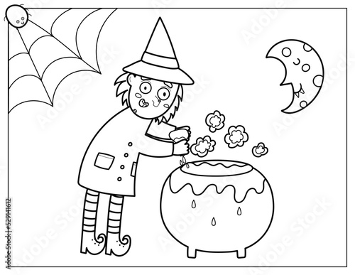 Halloween coloring page with a cute witch brewing a potion in a cauldron. Spooky print in cartoon style for coloring book. Vector illustration