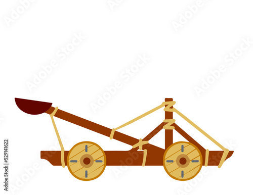 Catapult. Ancient weapons for the siege of the fortress. Wooden medieval artillery ballista.