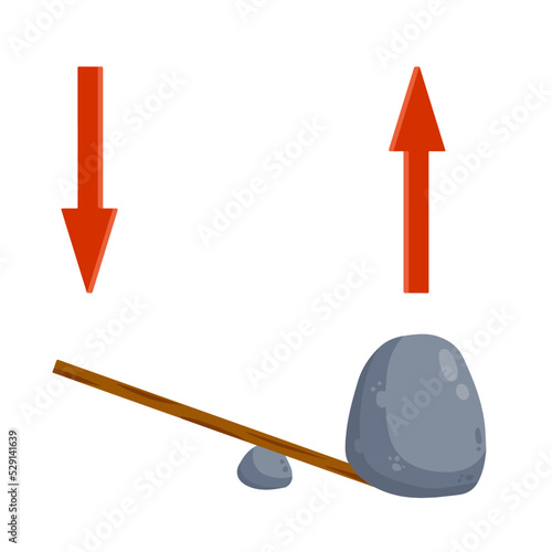 Lever of stick with stone. Lifting heavy cobblestone. Moving the boulder. Balancing and leverage