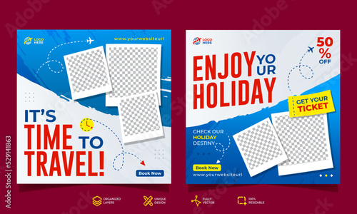 Travel and tourism social media banner post template design with abstract background for travelling business marketing. Social media marketing banner template set.