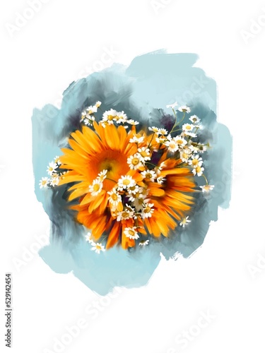 digital illustration with sunflowers and daisies on a blue background. a bouquet of flowers is drawn by hand. realistic, cute design for printable posters, greeting cards and wedding invitations.