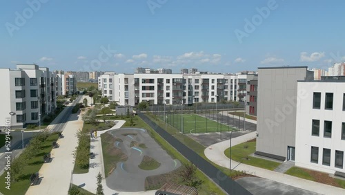 View of the new residential areas of the city from a drone. Apartment buildings and urban infrastructure