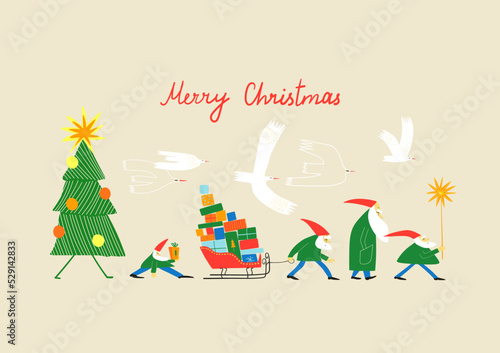 Christmas greeting card with procession of gnomes