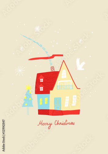 Christmas greeting card with cute house in the woods.