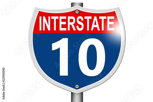 Interstate highway 10 road sign isolated on white background photo