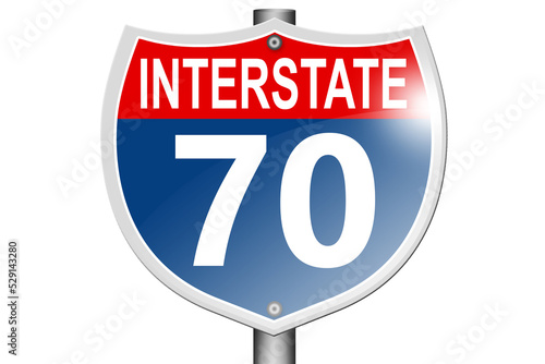 Interstate highway 70 road sign isolated on white background photo
