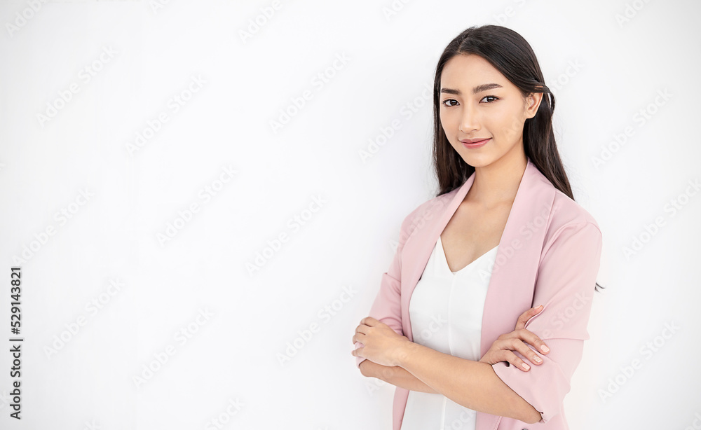 Portrait smile confident asian business designer woman pink suit office. Asian business girl Startup successful power business leader women executive people looking camera copyspace isolated on white Portrait smile confident asian business designer woman pink suit office. Asian business girl Startup successful power business leader women executive people looking camera copyspace isolated on white