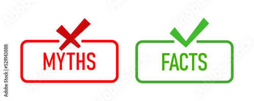 Myth and fact concept, green and red rubber stamp. Vector stock illustration.