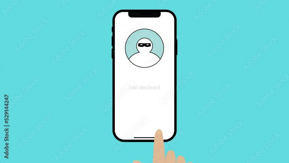 Animation of rejecting an incoming call to a smartphone from an unknown number. Concept of a phone fraud, declining a phishing call for stealing credit card and banking information by a scammer. Animation of rejecting an incoming call to a smartphone from an unknown number. Concept of a phone fraud, declining a phishing call for stealing credit card and banking information by a scammer.
