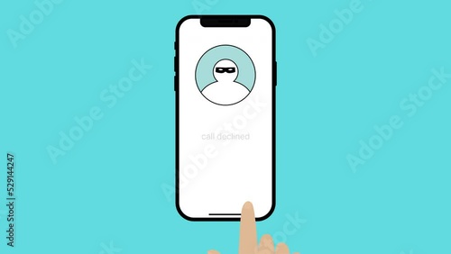 Animation of rejecting an incoming call to a smartphone from an unknown number. Concept of a phone fraud, declining a phishing call for stealing credit card and banking information by a scammer.