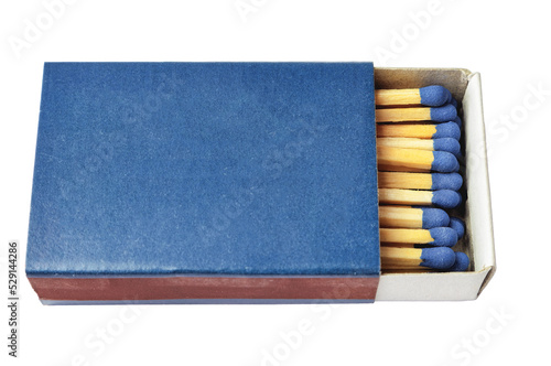 Horizontal blue matchbox with matches on a white background