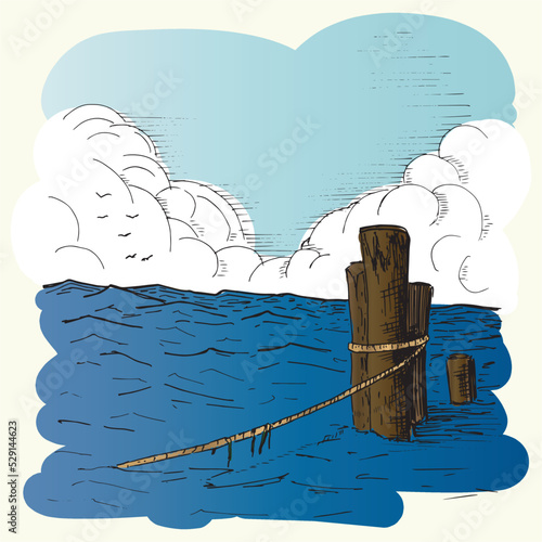 Seascape. Hand-drawn illustration in sketch style. Dark blue sea, waves and sky. Vector