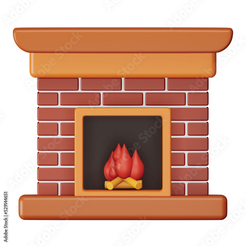 Christmas fireplace 3d rendering isometric icon.