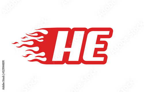 Letter HE or H E fire logo vector illustration in red and white. Speed flame icon for your project, company or application.