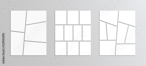 Moodboard grid set. Portfolio images. Scrapbook mockup background. Photo collage template. Mood board layout. Mosaic pictures frame. Retro gallery banner. Album brandboard. Vector illustration