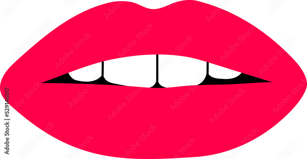 Open female human mouth with teeth in modern flat, line style. Hand drawn vector illustration of lips, open mouth, whispering, sexy, passion, beautiful, make up. Fashion patch, badge, emblem.	
