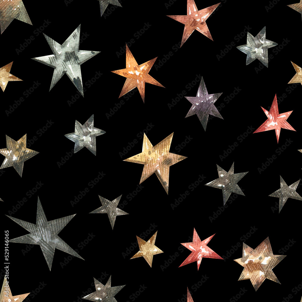 Seamless pattern with gold, silver and bronze stars on a black background. Star pattern. Seamless pattern with gold, silver and bronze stars on a black background. Star pattern.