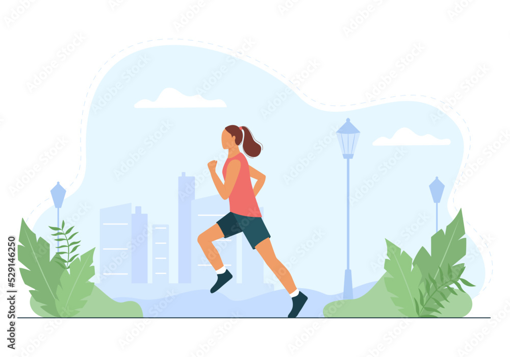 Woman runs in the park. Sportswoman running outdoors. Sports training, active recreation, healthy lifestyle. Vector illustration