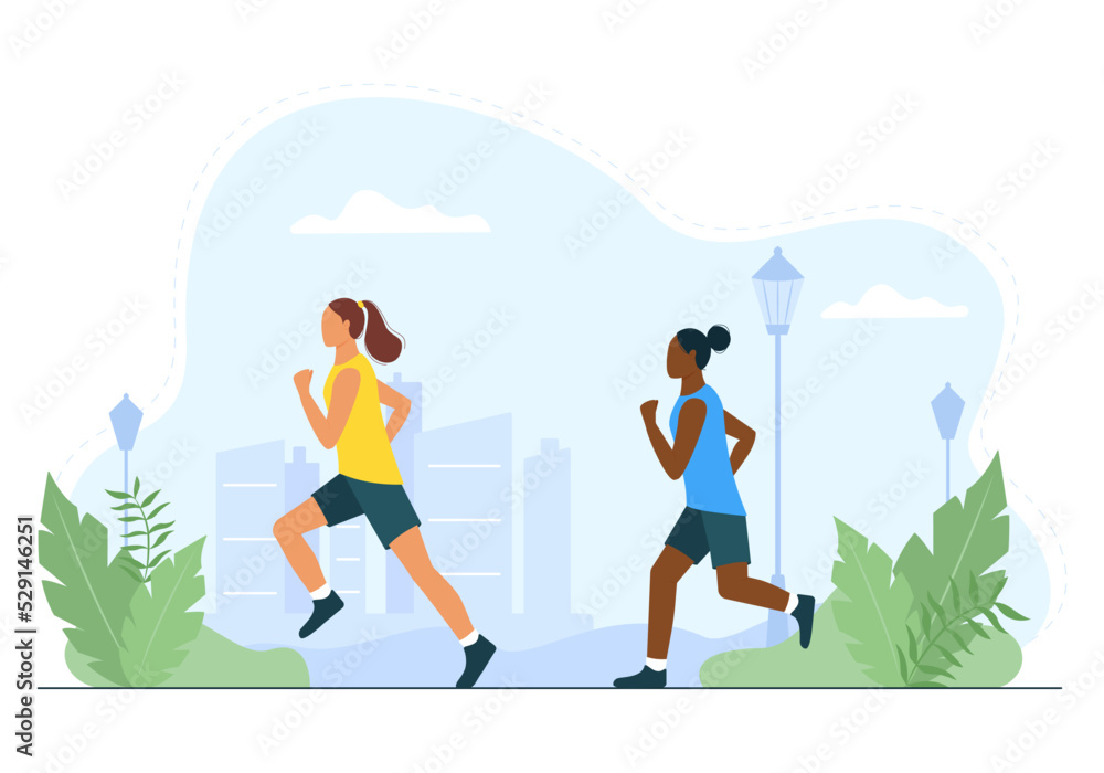 Women run in the summer park. Athletes run outdoors. Sports training, active recreation, healthy lifestyle. Vector illustration Women run in the summer park. Athletes run outdoors. Sports training, active recreation, healthy lifestyle. Vector illustration