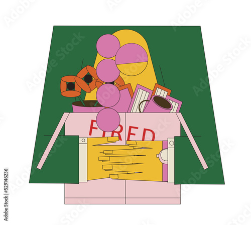 Light skin young woman lose his job holding a box with his work belongings. Loosing job essentials pack.