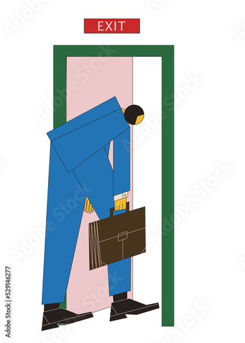 Young light skin worker fired crossing the business exit door. Loosing job concept essentials.