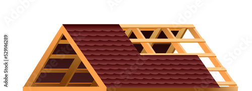 Tiling roofing material. Workers work on roof. Service illustration Isolated on white background. Vector.