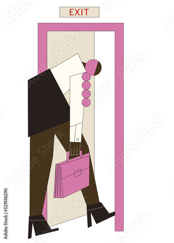 Young dark black skin woman worker fired crossing the business exit door. Loosing job concept essentials.