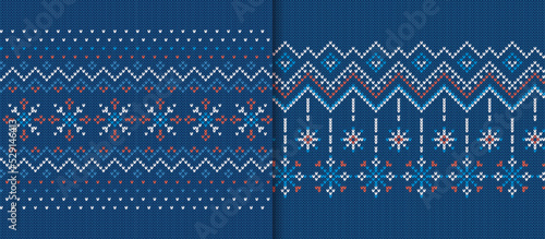 Blue christmas textures. Set knitted seamless pattern. Knit frames. Holiday background. Fair isle traditional ornament. Xmas print. Festive sweater border. Vector illustration.