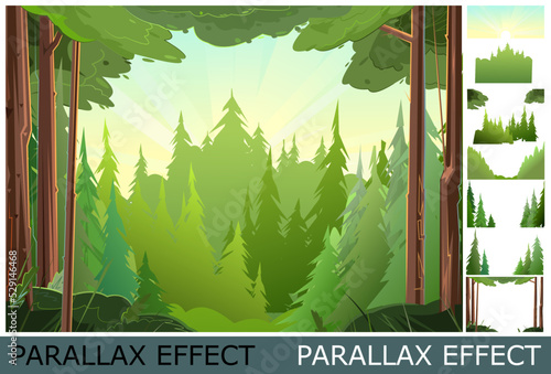 View of thick taiga. Image from layers for overlay with parallax effect. Beautiful pine forest. Wild floral landscape. Illustration in cartoon style flat design. Vector.