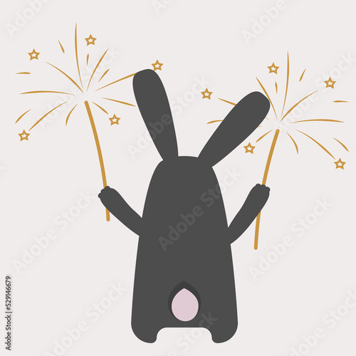 Black water rabbit with fireworks or sparklers. Vector illustration of the symbol of 2023. Chinese calendar