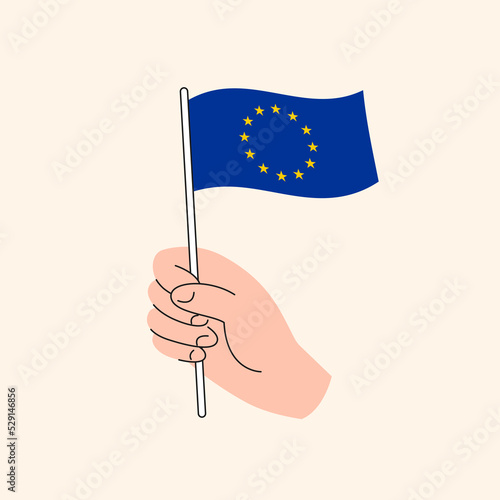 Cartoon Hand Holding EU Flag, The Flag of European Union, Concept Illustration. Flat Design Isolated Vector.
