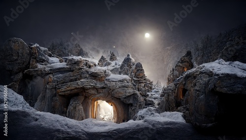Fotografiet Building of large rocks with light door in snowy village