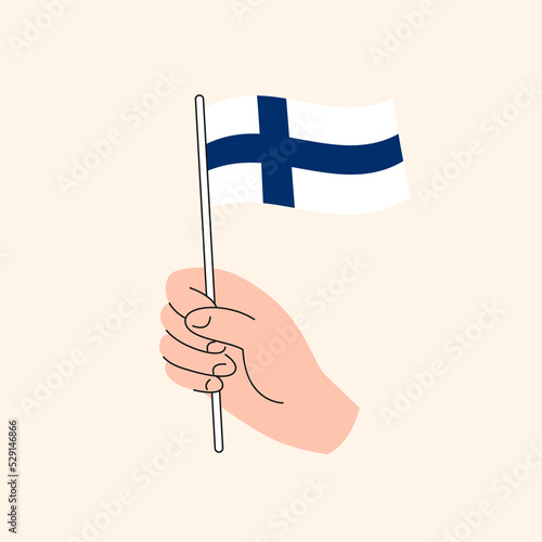 Cartoon Hand Holding Finnish Flag. The Flag of Finland, Concept Illustration. Flat Design Isolated Vector.