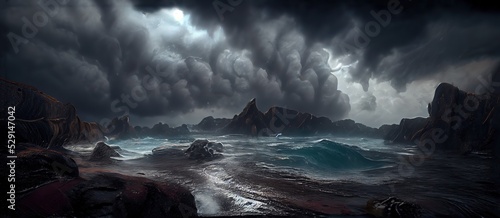Foto Stormy ocean and steep wet rocks against heavy grey clouds