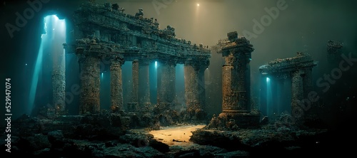 Obraz na płótnie Old temple ruins with weathered columns on sea bottom