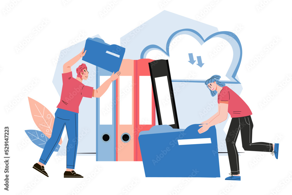 Business team add files to big folder and cloud server. Storage and indexing of information, data archive, cartoon flat vector illustration isolated on white background. Business team add files to big folder and cloud server. Storage and indexing of information, data archive, cartoon flat vector illustration isolated on white background.