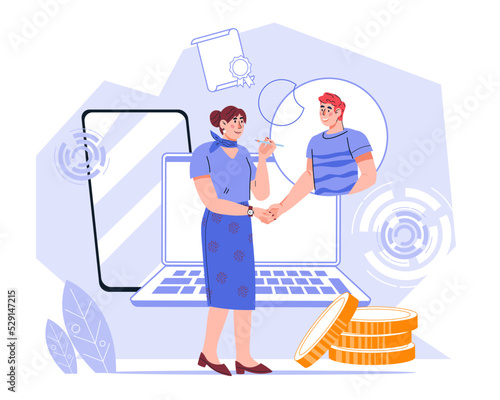 Business partnership and contract online. Business people handshaking at laptop backdrop. Contract, transaction and business negotiations online, flat vector illustration isolated on white.