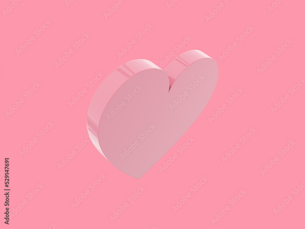Flat heart. Pink single color. Symbol of love. On a pink monochrome background. Top view. 3d rendering.