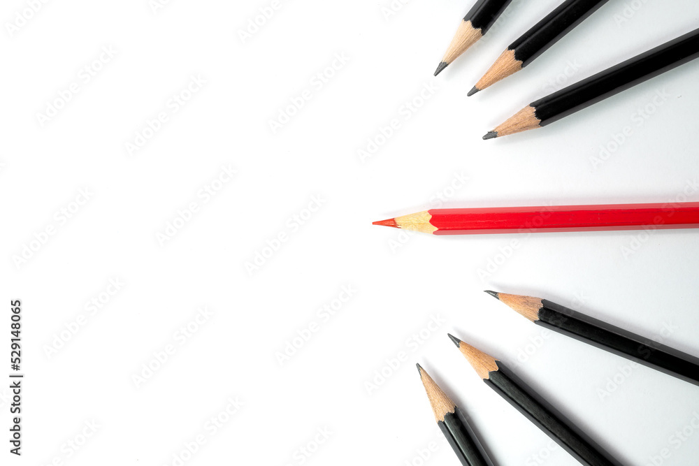 Red wood pencil, Red pencil standing out from black pencil fellows on white background, Copy Space, Make difference, School, education, office concept. Think different and leader concept. Red wood pencil, Red pencil standing out from black pencil fellows on white background, Copy Space, Make difference, School, education, office concept. Think different and leader concept.