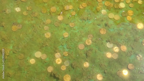 underwater treasure with shiny ancient gold coins on the background of a lucky fountain or shipwreck under the surface of the water with waves - background for a pirate story photo