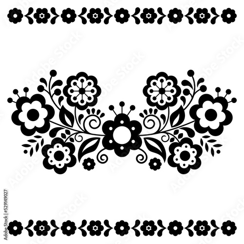 Mexican folk art style vector floral greeting card on invitation pattern inspired by traditional embroidery in black and white
