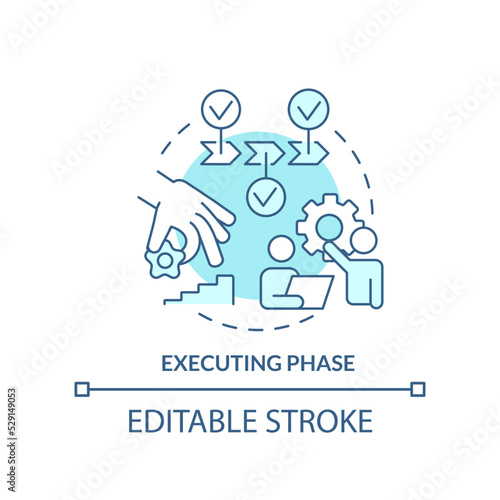 Executing phase turquoise concept icon. Tasks completing. Project management abstract idea thin line illustration. Isolated outline drawing. Editable stroke. Arial, Myriad Pro-Bold fonts used
